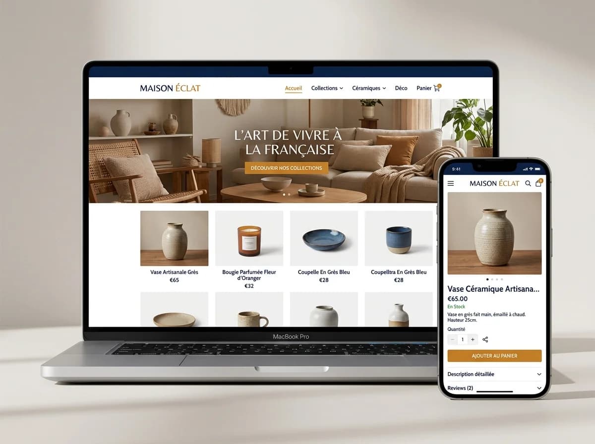 Boutique en ligne : page d'accueil sur ordinateur portable et fiche produit sur smartphone